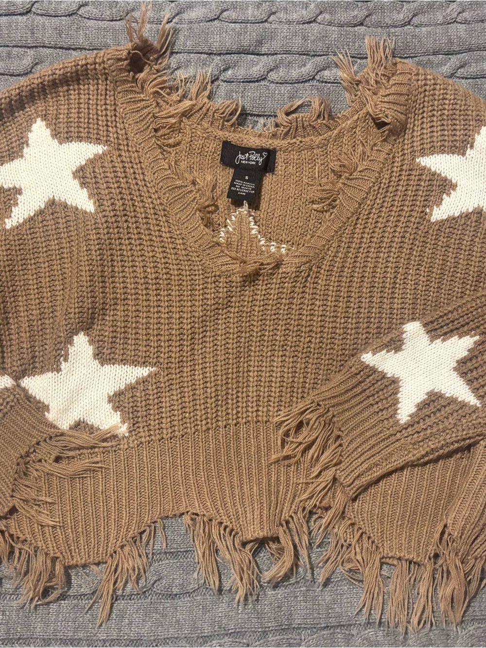Y2K Just Polly NY Distressed Star Print Cropped Knit Sweater Tan Cream S